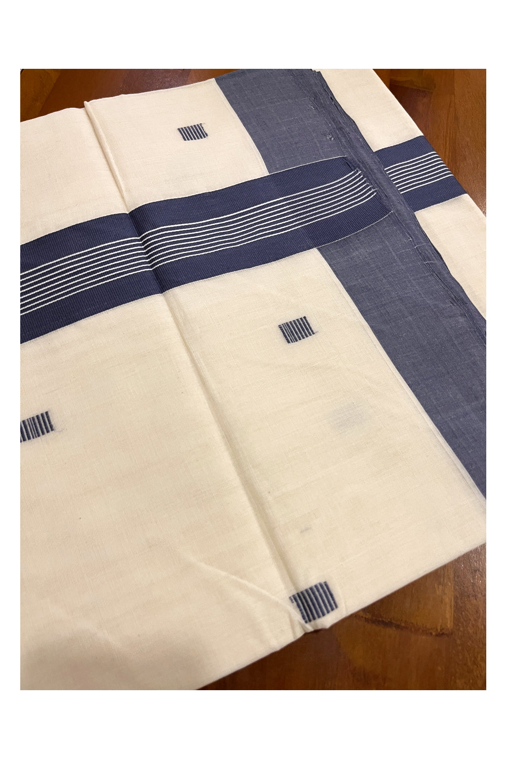 Southloom Balaramapuram Unakkupaavu Handloom Saree with Bluish Grey Pallu and Butta Works on Body