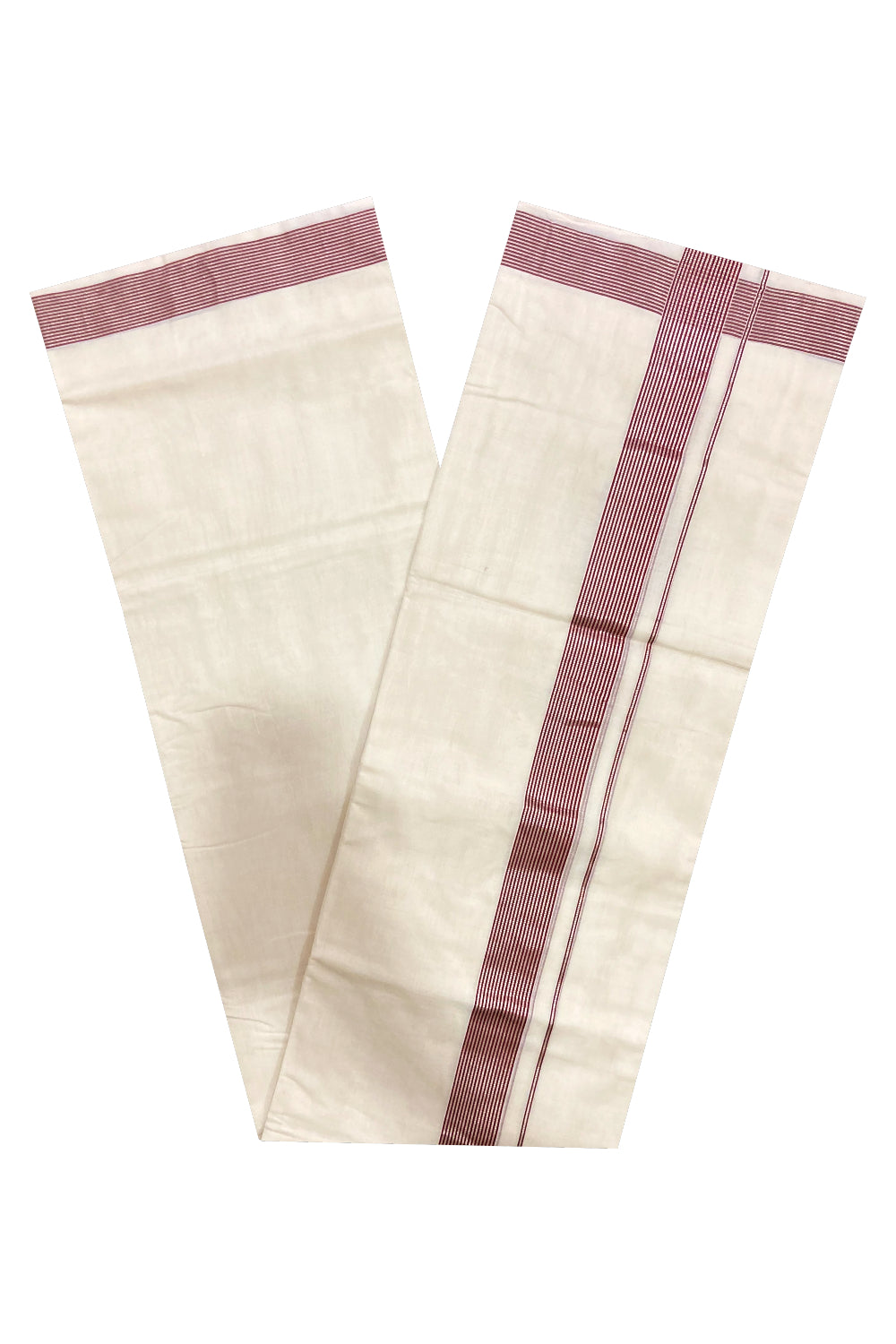 Southloom Premium Handloom Pure Cotton Mundu with Maroon and Silver Kasavu Lines Border (South Indian Dhoti)