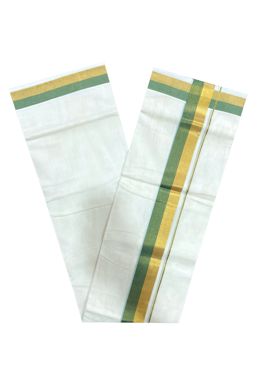 Southloom Premium Handloom Pure Cotton Mundu with Kasavu and Green Line Border (South Indian Dhoti)