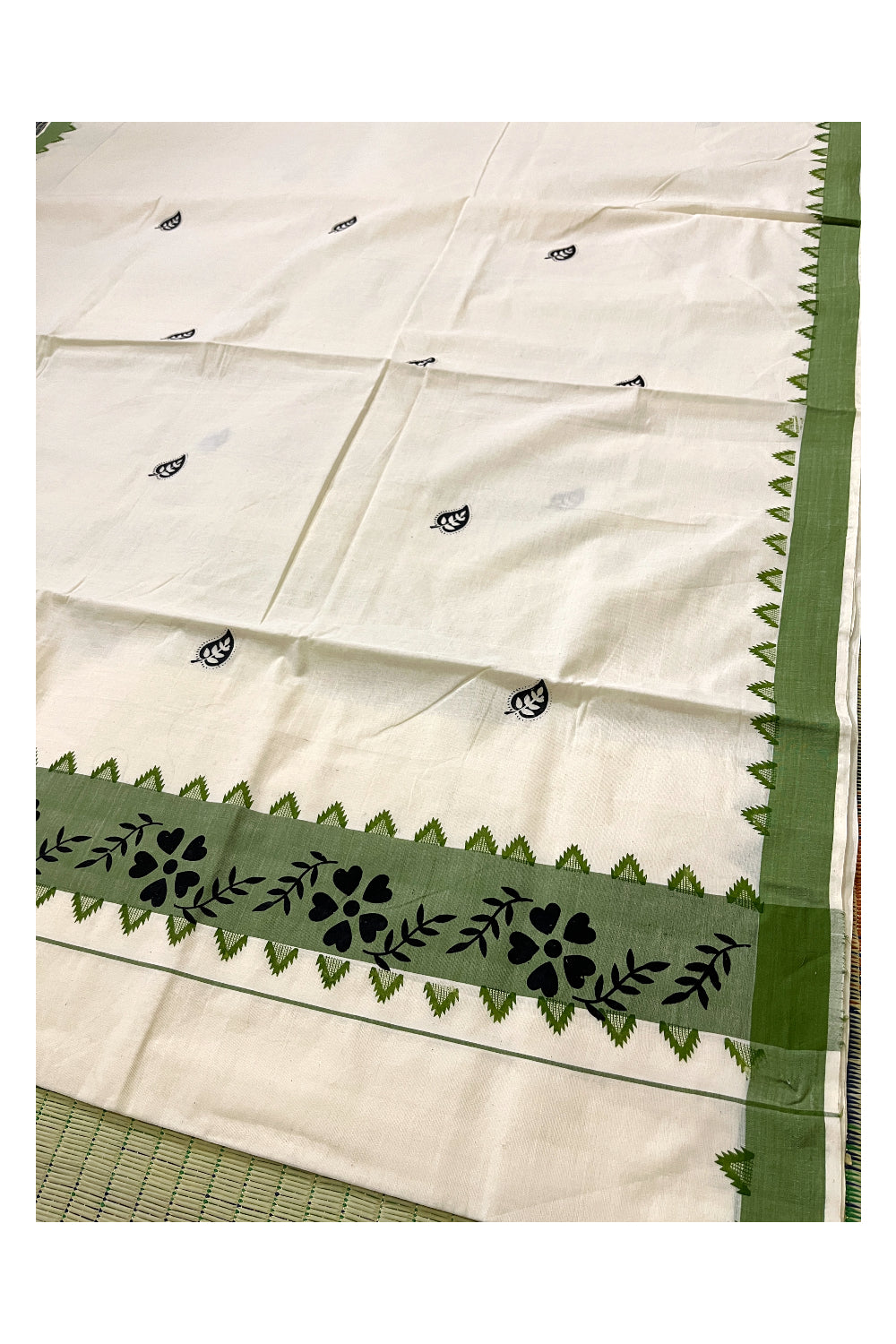 Pure Cotton Off White Kerala Saree with Green Temple Block Prints on Border (Vishu Saree 2023)