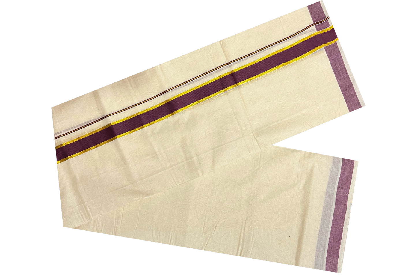 Off White Pure Cotton Double Mundu with Kasavu and Purple Kara (South Indian Dhoti)