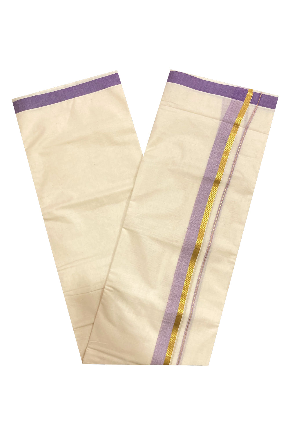 Pure Cotton Off White Double Mundu with Violet and Kasavu Border (South Indian Dhoti)