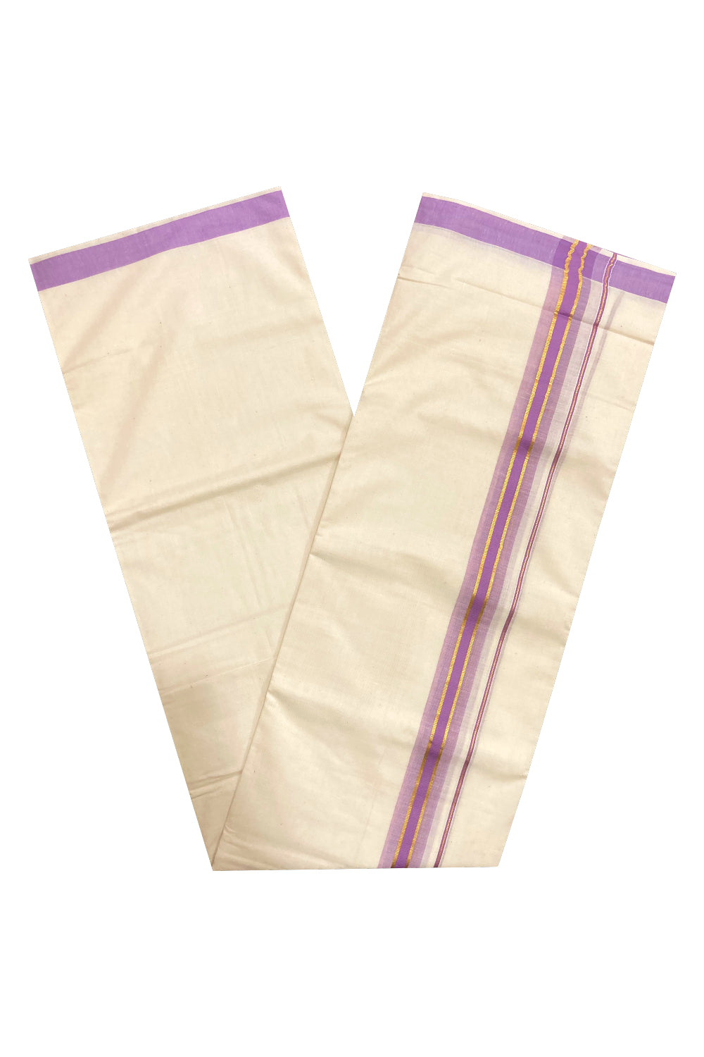 Pure Cotton Double Mundu with Violet and Kasavu Border (South Indian Kerala Dhoti)