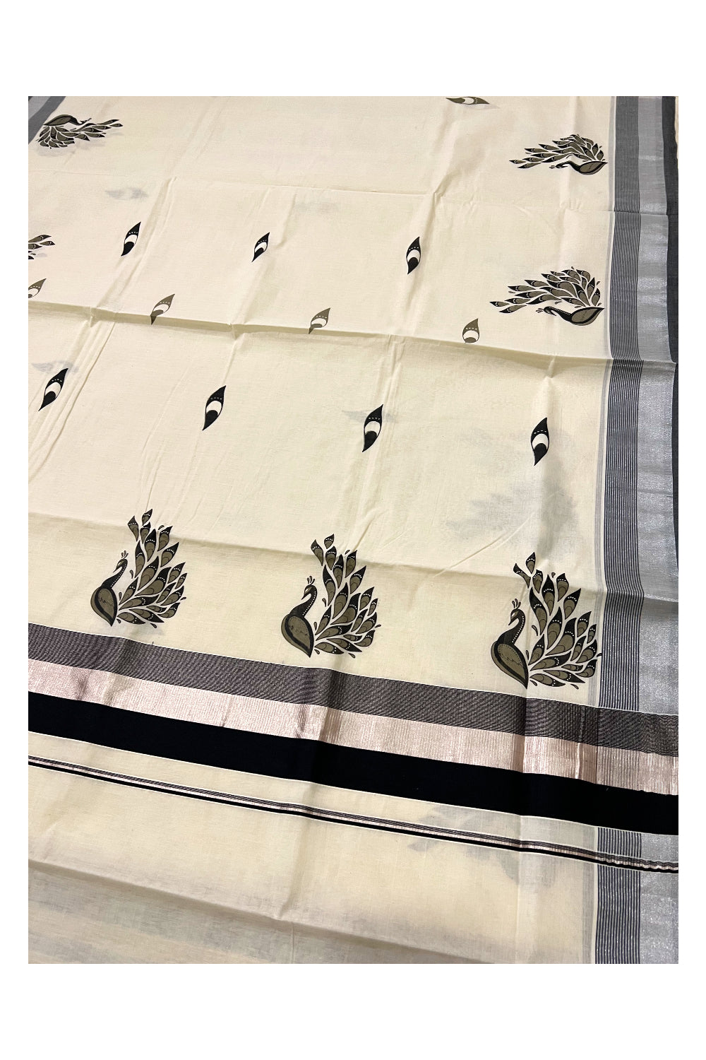 Kerala Pure Cotton Black and Silver Kasavu Border Saree with Peacock Mural Printed Design