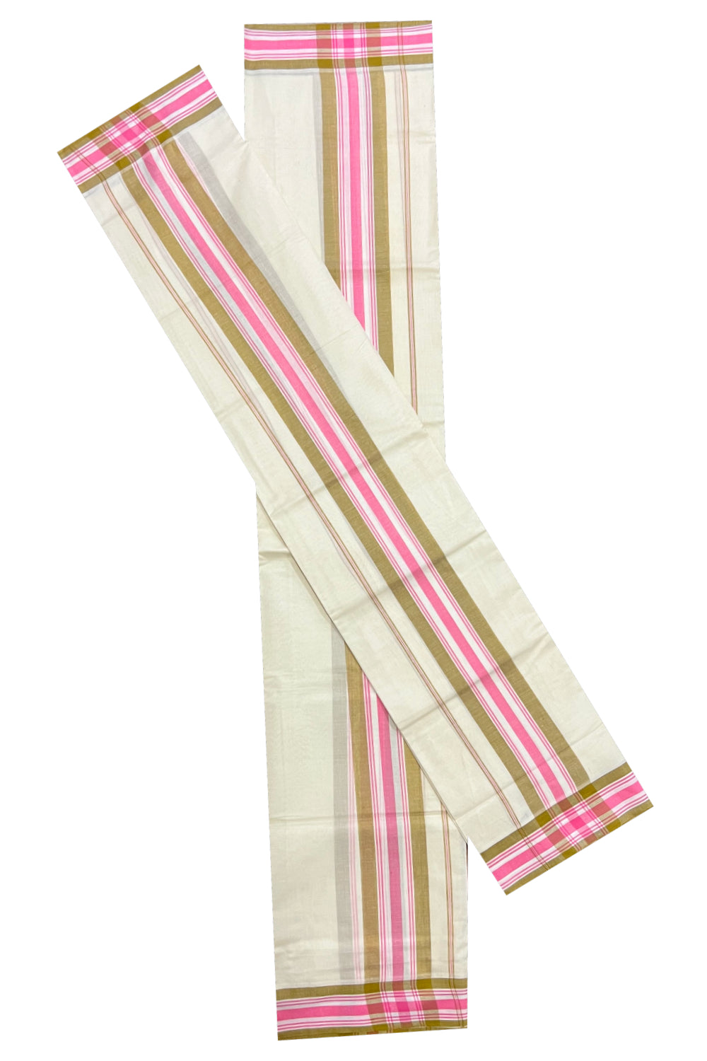 Kerala Cotton Mundum Neriyathum Single (Set Mundu) with Pink and Yellow Mulloth Border (Extra Soft Cotton)