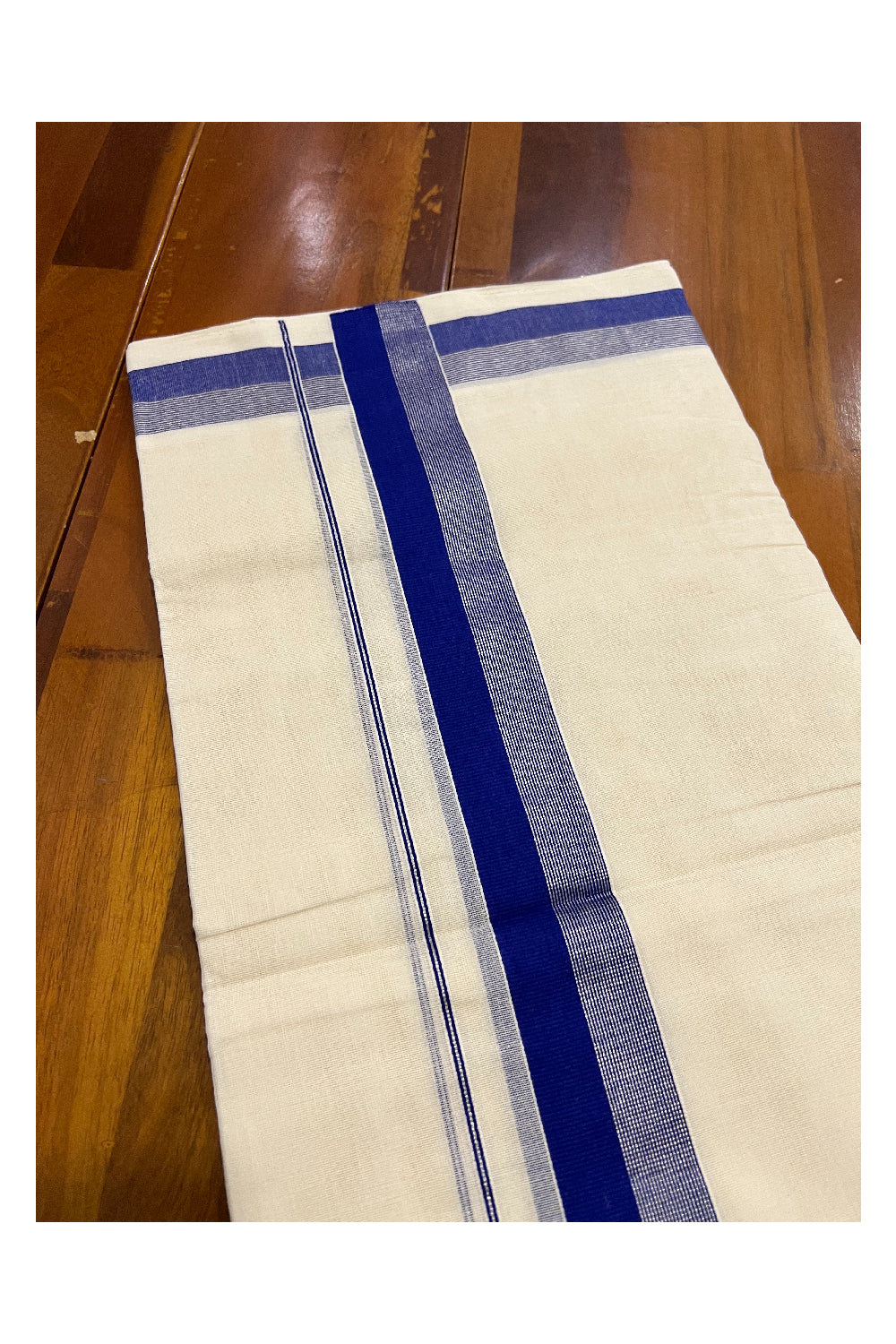 Southloom Balaramapuram Handloom Pure Cotton Mundu with Dark Violet and Silver Kasavu Border (South Indian Dhoti)