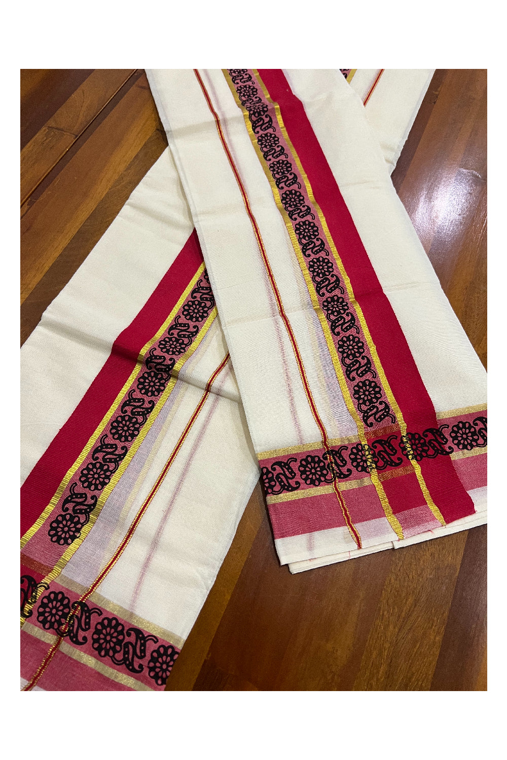 Kerala Cotton Kasavu Set Mundu (Mundum Neriyathum) with Black Floral Block Prints in Red Border