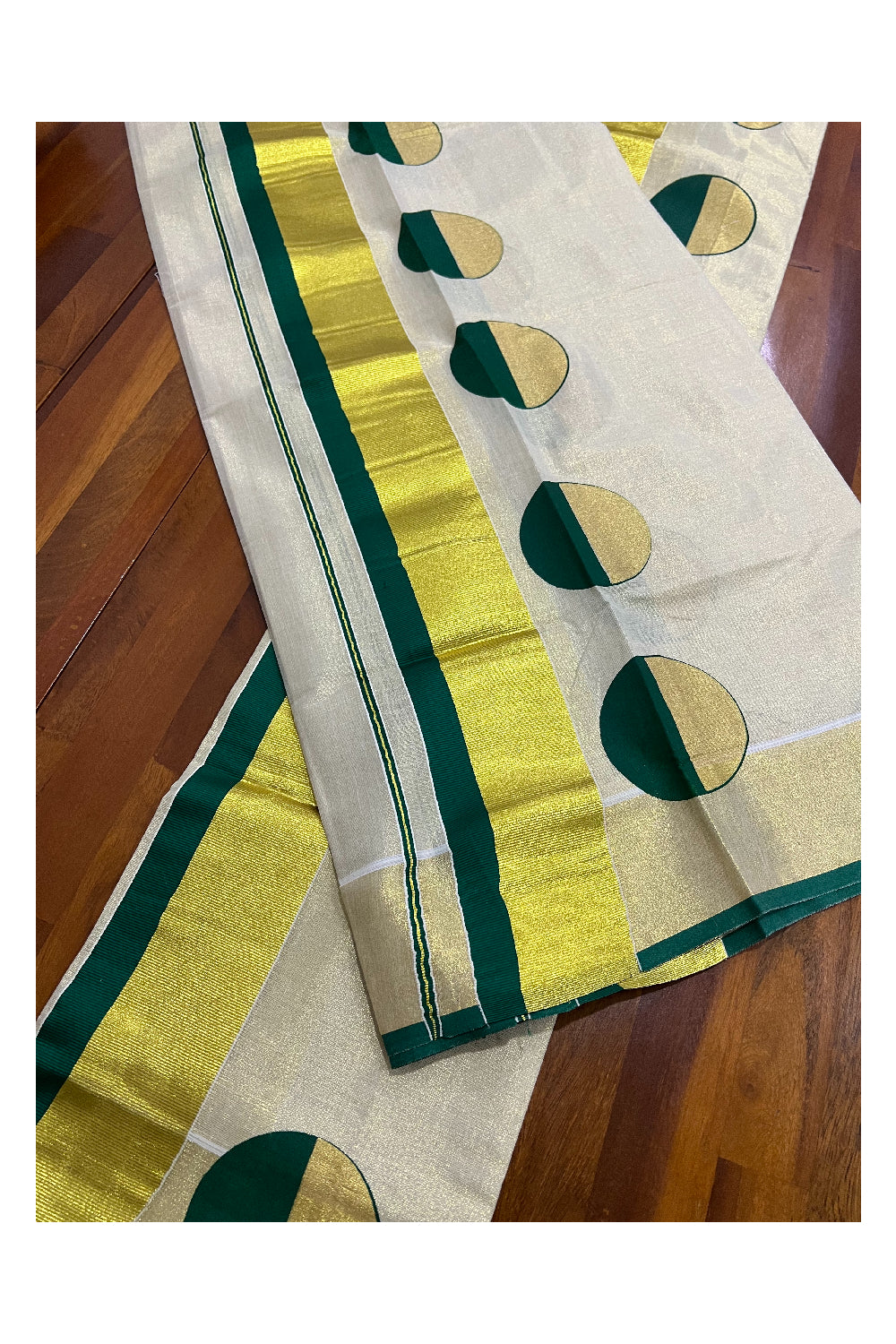 Kerala Tissue Kasavu Set Mundu (Mundum Neriyathum) with Green and Kasavu Block Print Design