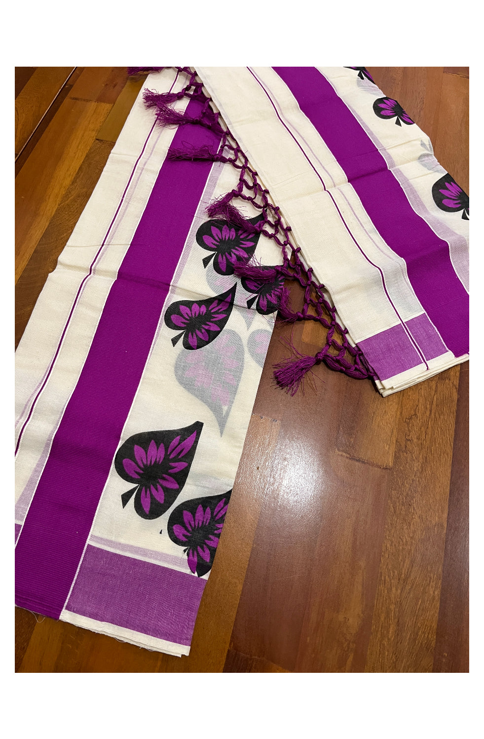 Kerala Cotton Set Mundu (Mundum Neriyathum) with Leaf Block Prints on Dark Magenta Border and Tassels Works