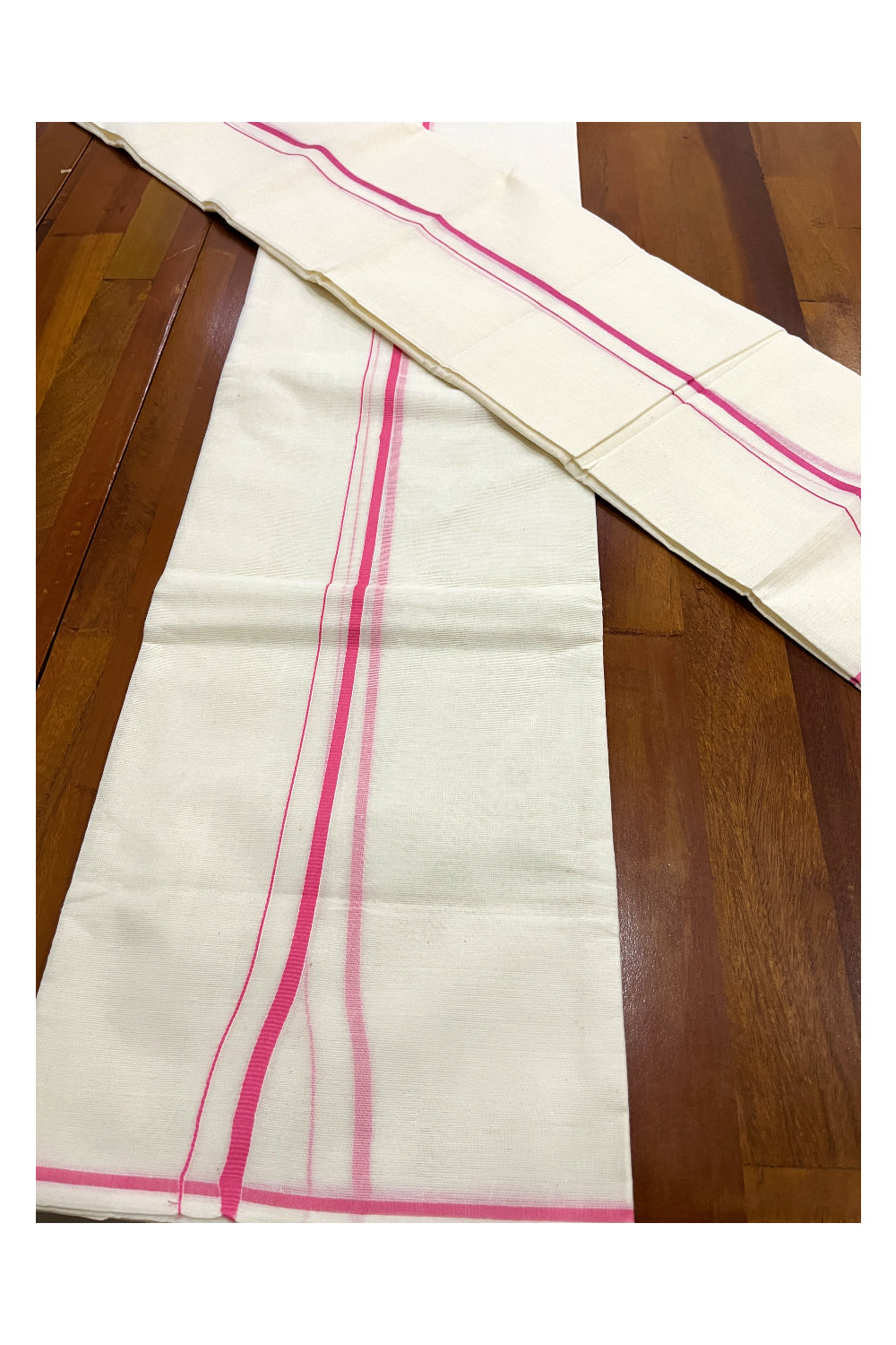 Kerala Cotton Mundum Neriyathum Single (Set Mundu) with Pink Line Border