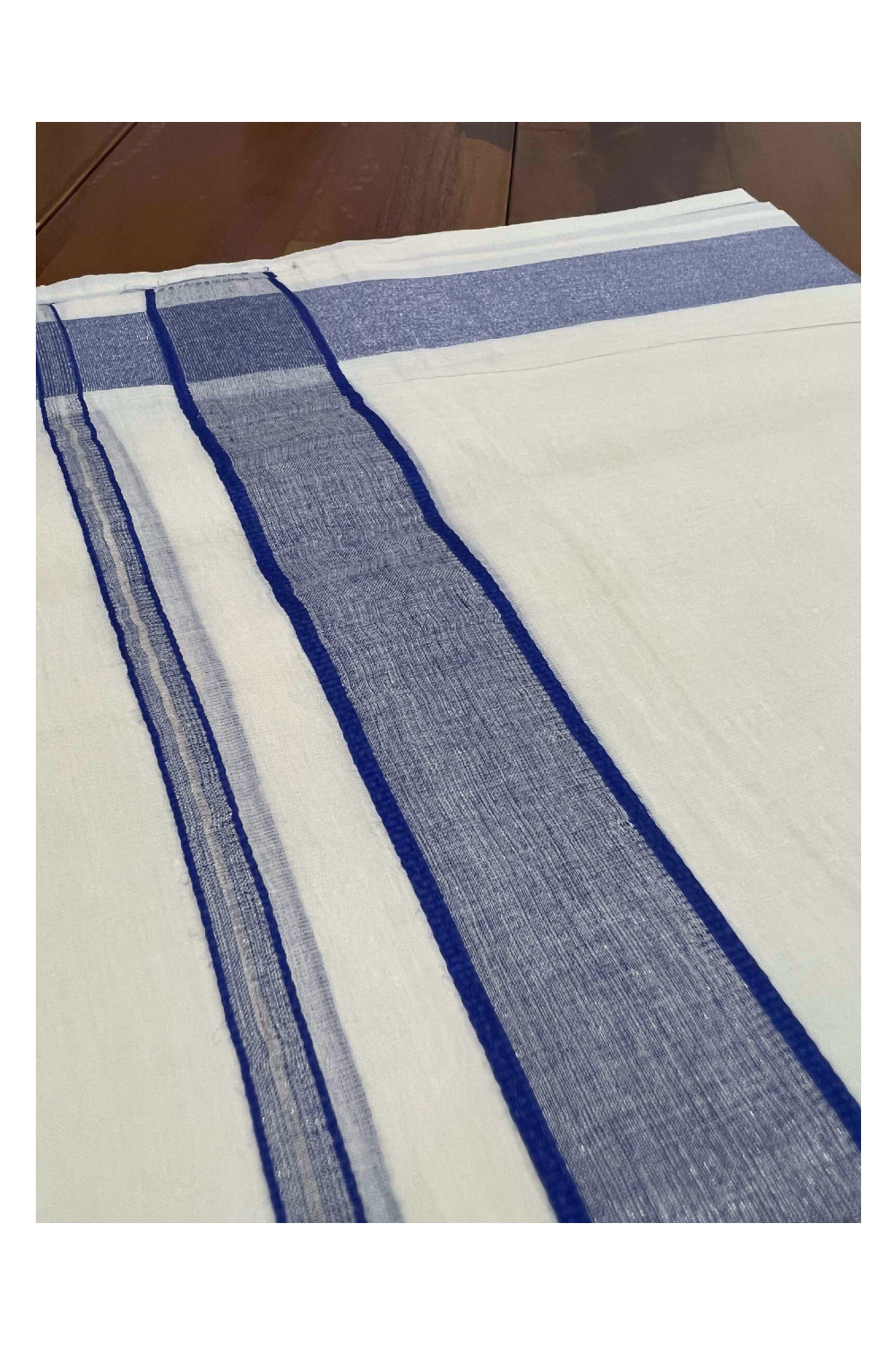 Pure White Cotton Mundu with Silver Blue Kara (South Indian Dhoti)