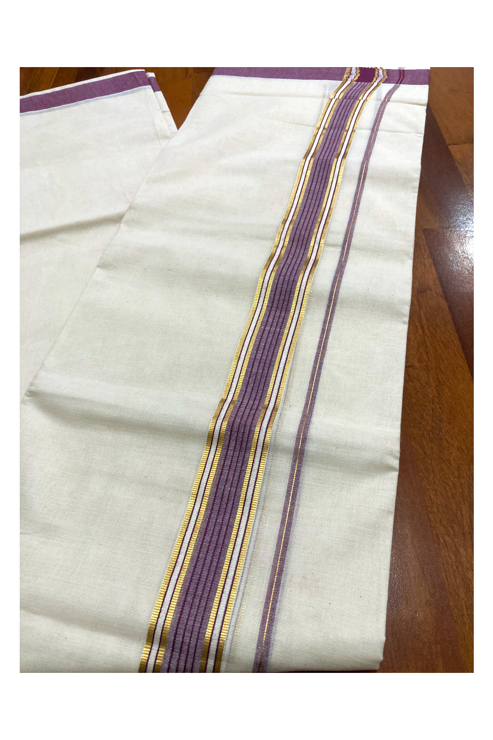 Pure Cotton Off White Double Mundu with Violet and Kasavu Border (South Indian Dhoti)