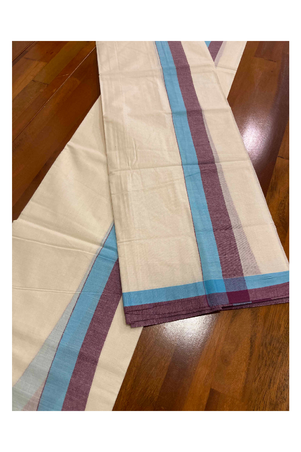 Kerala Cotton Mundum Neriyathum Single (Set Mundu) with Mulloth Design Light Blue and Purple Border (Extra Soft Cotton)