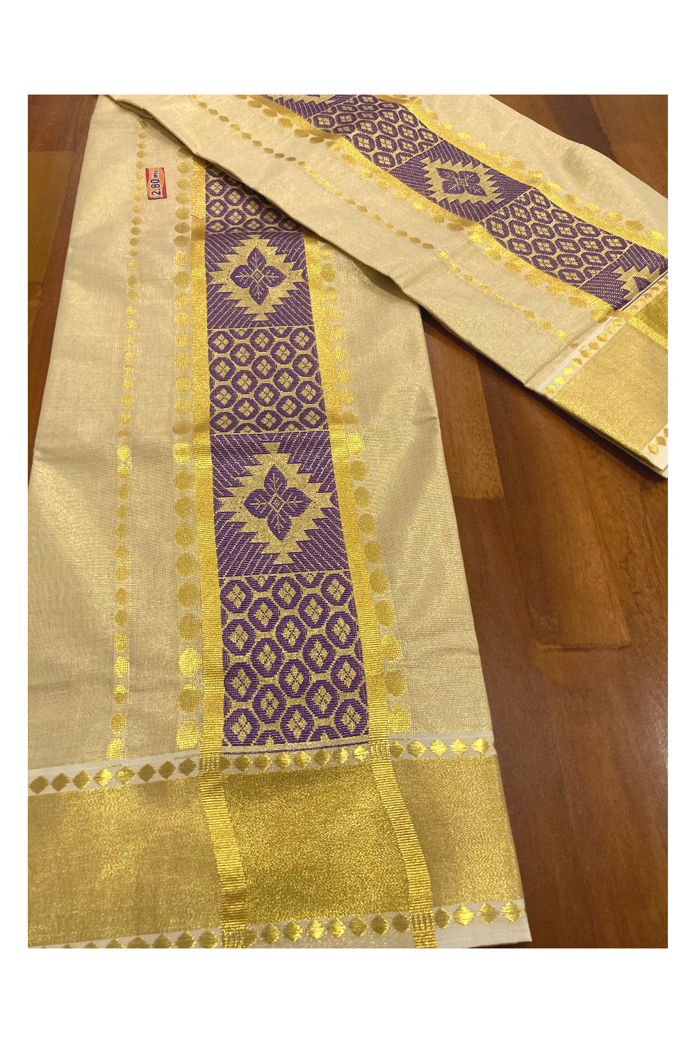 Kerala Tissue Kasavu Set Mundu (Mundum Neriyathum) with Violet Thread Work on Border 2.80 Mtrs