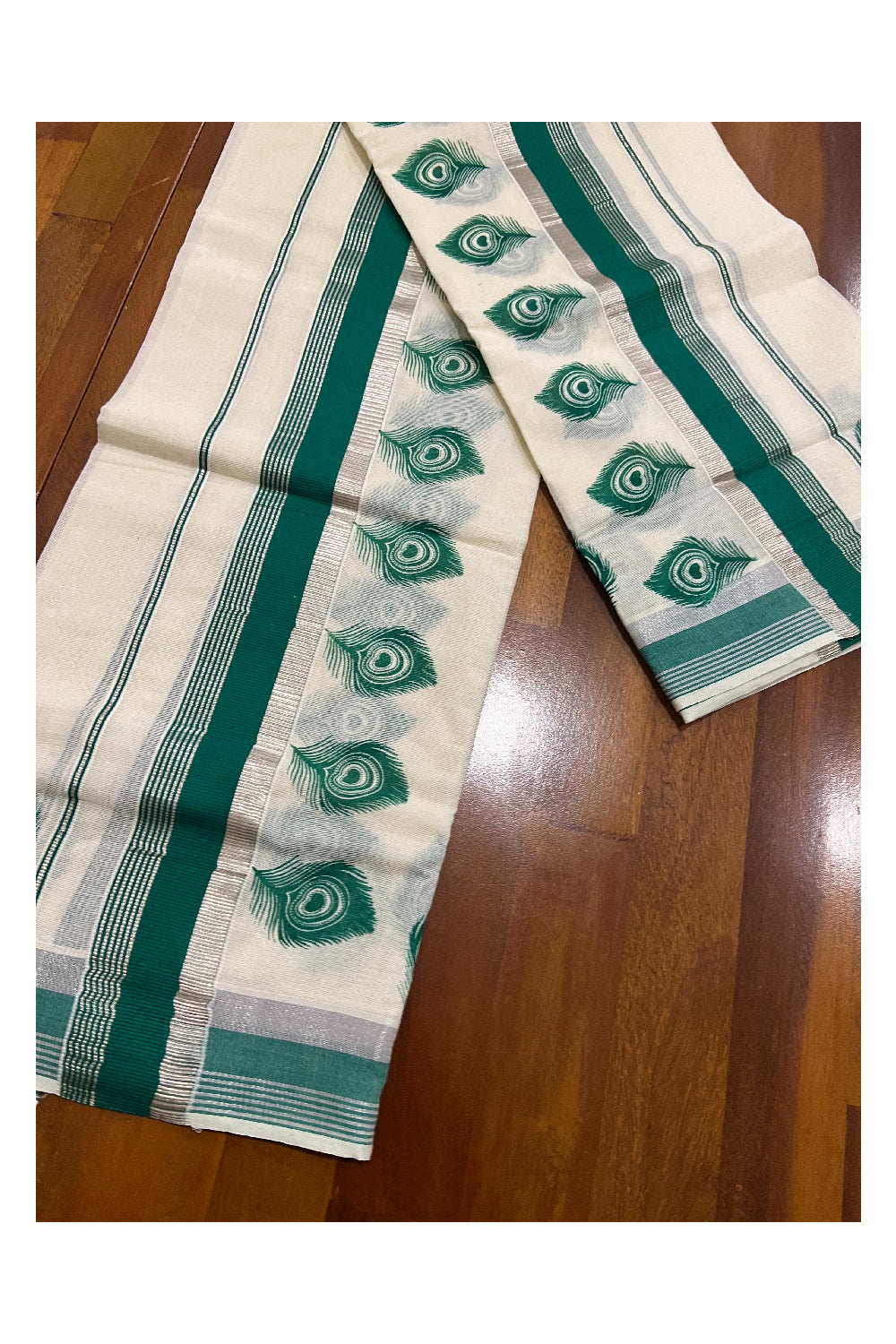 Kerala Cotton Set Mundu (Mundum Neriyathum) with Green Feather Block Prints and Silver Border