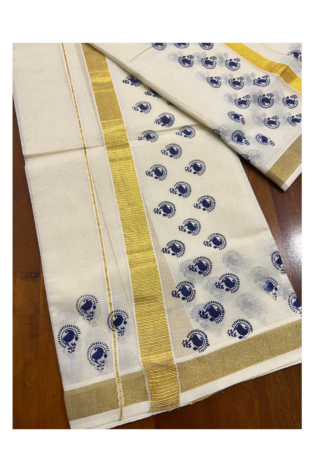 Kerala Cotton Kasavu Set Mundu (Mundum Neriyathum) with Blue Paisley Block Prints on Border