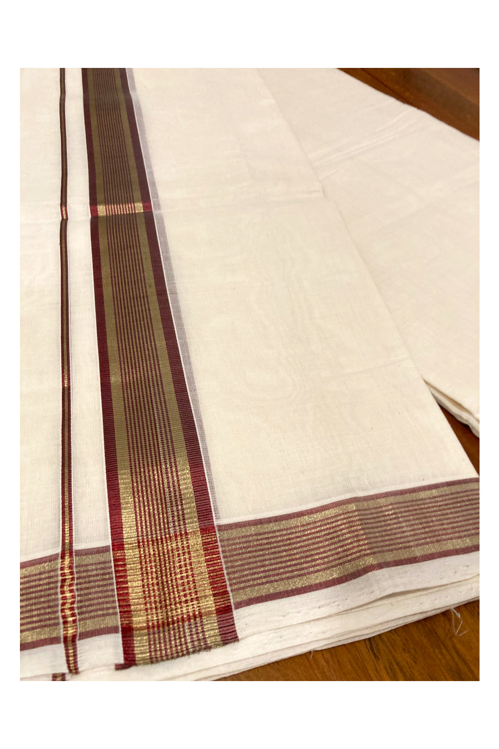 Southloom Premium Handloom Cotton Off White Mundu with Maroon and Kasavu Border (South Indian Dhoti)