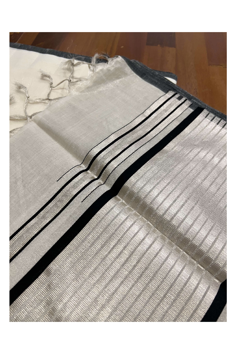 Southloom™ Balaramapuram Handloom Half & Half (Cotton / Silver Tissue) Kerala Saree with Black and Silver Kasavu Border