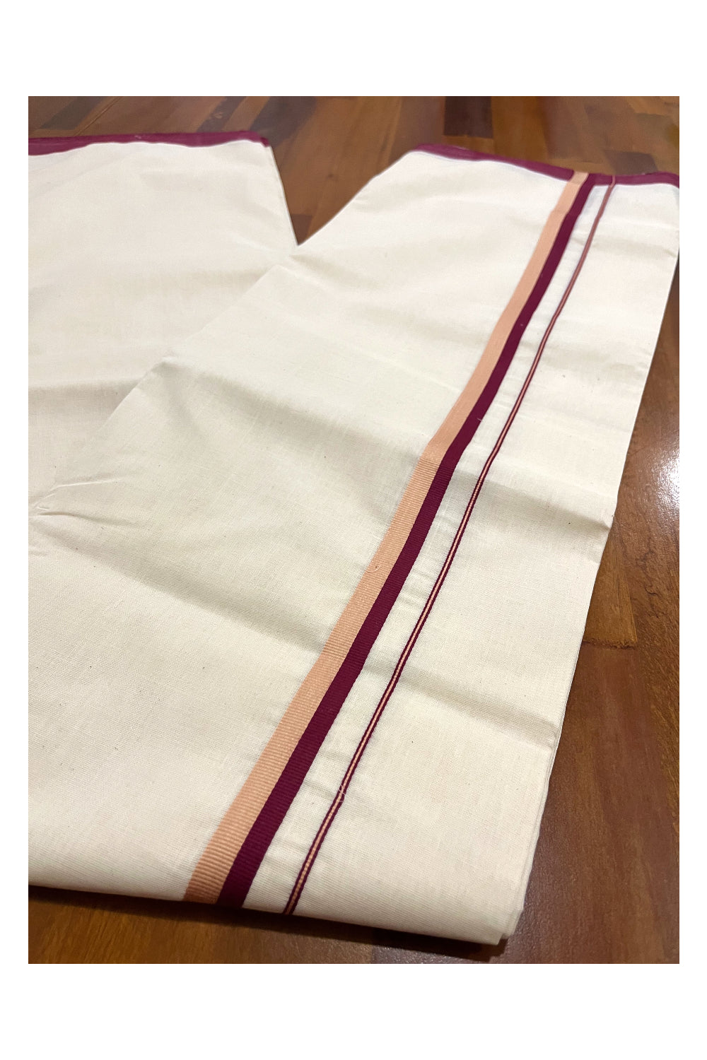 Southloom Premium Handloom Double Mundu with Maroon and Sandal Border