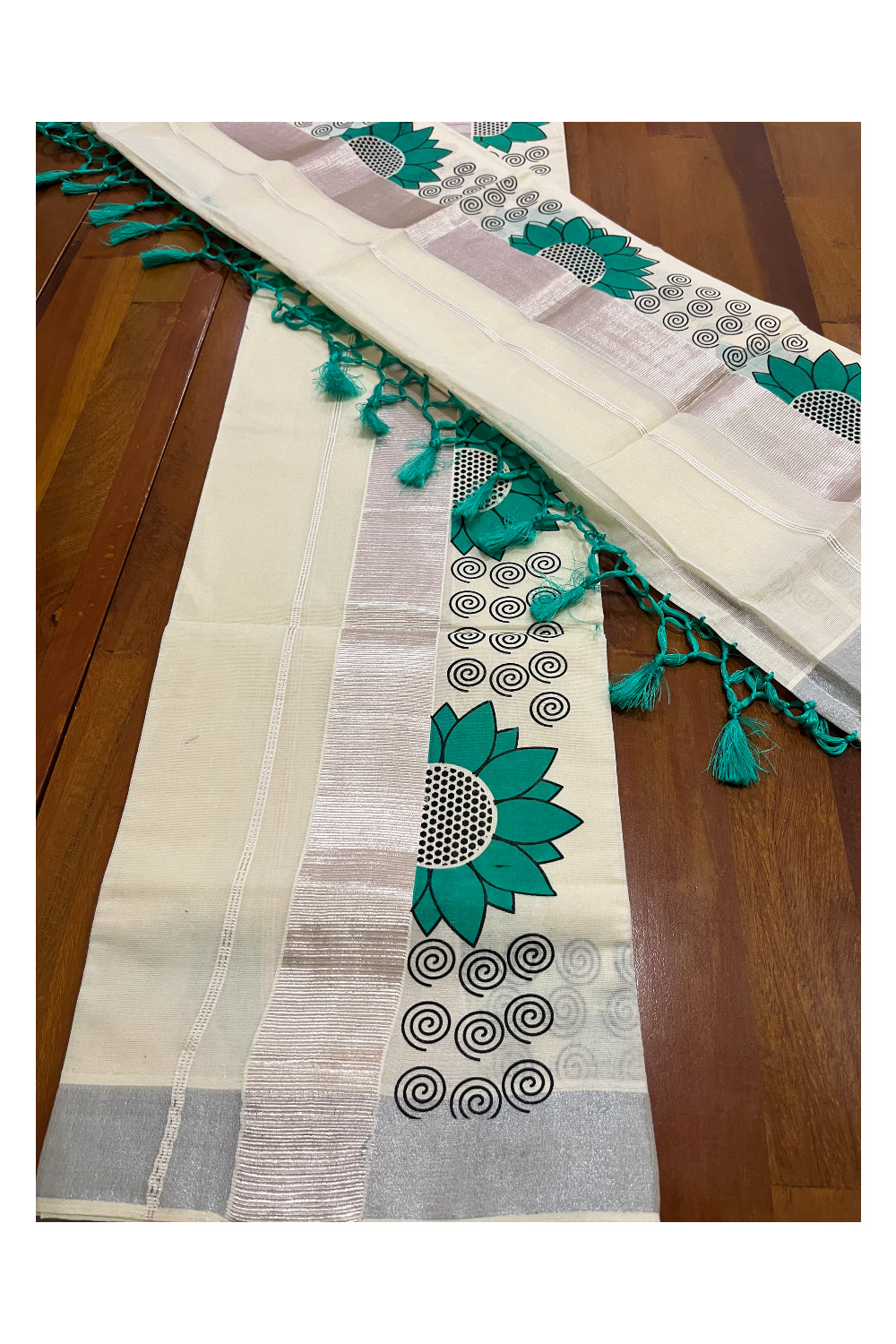 Pure Cotton Single Set Mundu (Mundum Neriyathum Vishu 2023) with Silver Kasavu Green Floral Block Prints and Tassels Work 2.80 Mtrs