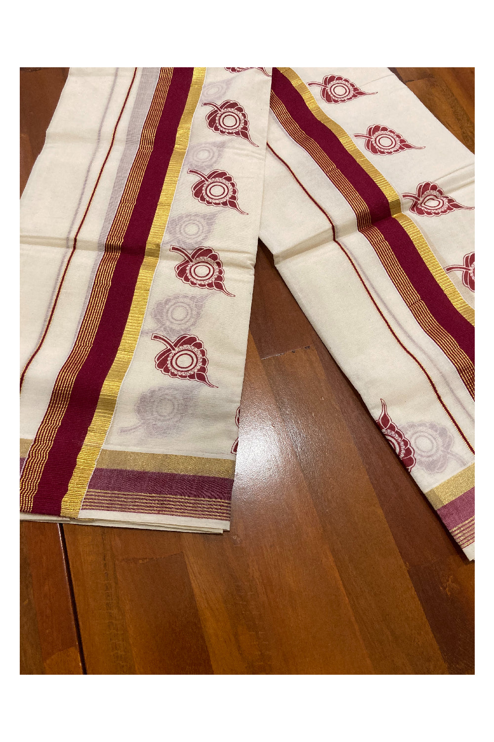 Pure Cotton Kasavu Set Mundu (Mundum Neriyathum) with Maroon Leaf Block Prints on Border