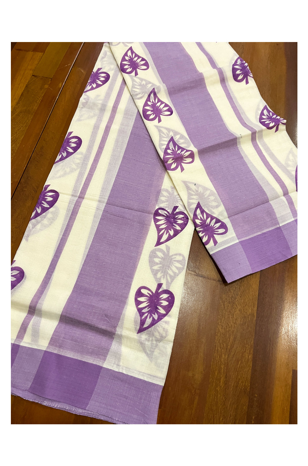 Pure Cotton Single Set Mundu (Mundum Neriyathum Onam 2023) with Violet Block Prints and Border