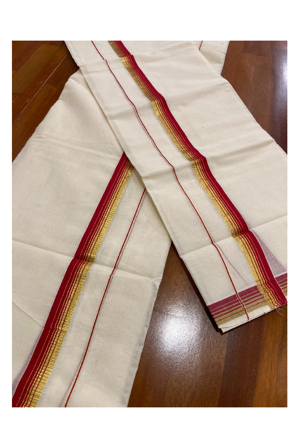 Kerala Cotton Mundum Neriyathum Double (Set Mundu) with Red and Kasavu Border