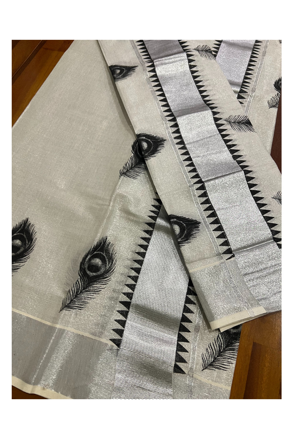 Kerala Silver Tissue Kasavu Set Mundu (Mundum Neriyathum) with Black Feather and Temple Block Prints on Border