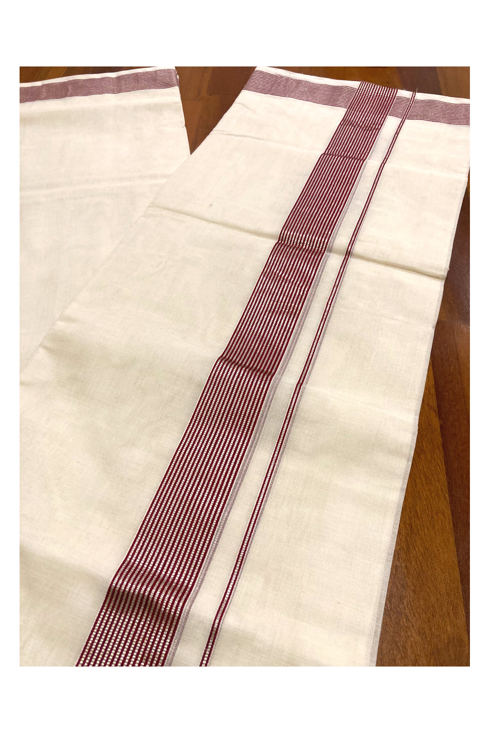 Southloom Premium Handloom Pure Cotton Mundu with Maroon and Silver Kasavu Lines Border (South Indian Dhoti)