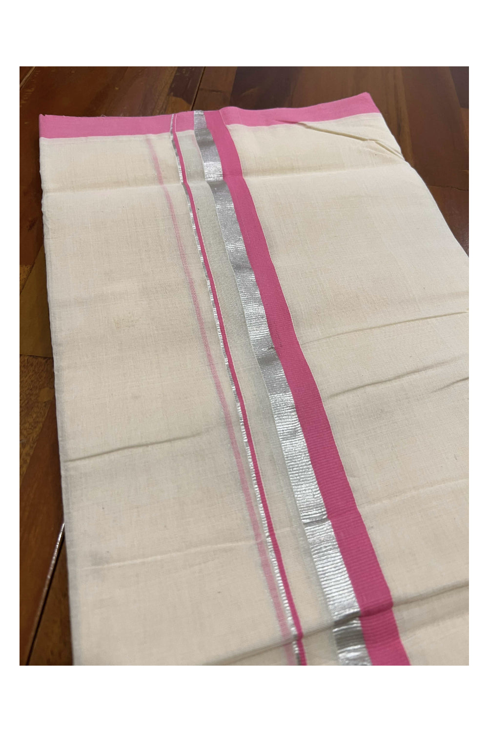 Off White Pure Cotton Double Mundu with Silver Kasavu and Pink Kara (South Indian Dhoti)