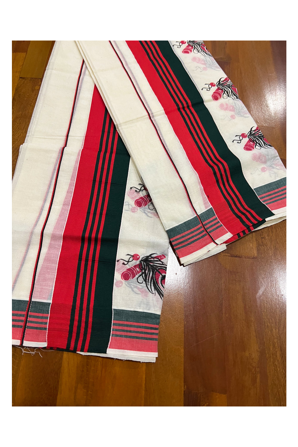 Kerala Cotton Set Mundu (Mundum Neriyathum) with Feather Flute Block Prints and Dark Green and Red Border