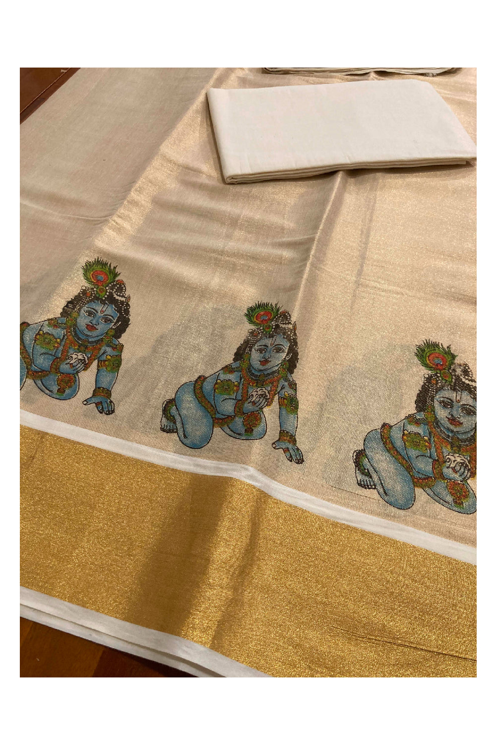 Kerala Tissue Kasavu Churidar Material with Baby Krishna Mural Design
