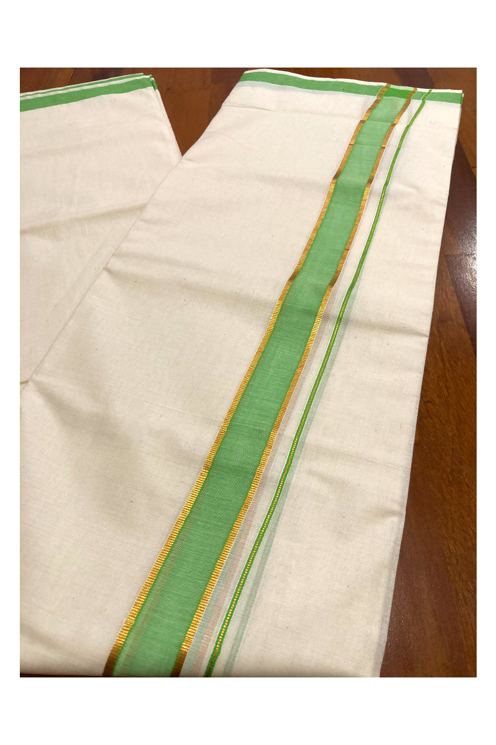 Pure Cotton Double Mundu with Green and Kasavu Border (South Indian Dhoti)