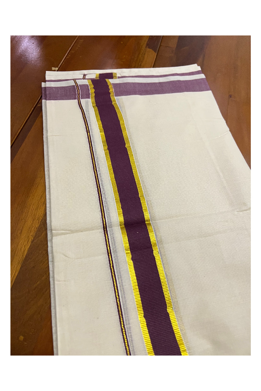 Off White Pure Cotton Double Mundu with Kasavu and Purple Kara (South Indian Dhoti)