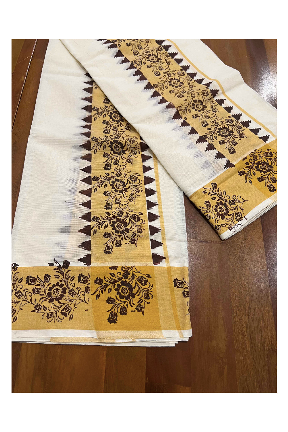 Kerala Cotton Set Mundu (Mundum Neriyathum) with Yellow Brown Floral Block Printed Temple Border