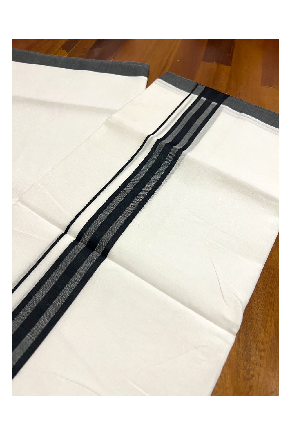 Pure White Cotton Double Mundu with Black Line Border (South Indian Dhoti)