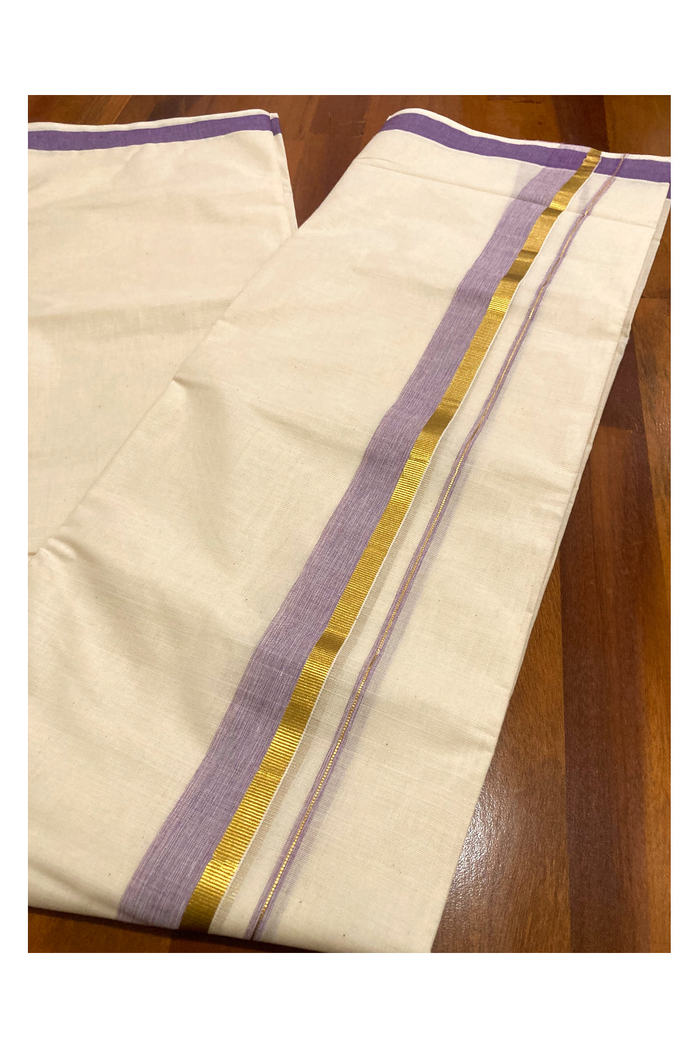 Pure Cotton Off White Double Mundu with Violet and Kasavu Border (South Indian Dhoti)