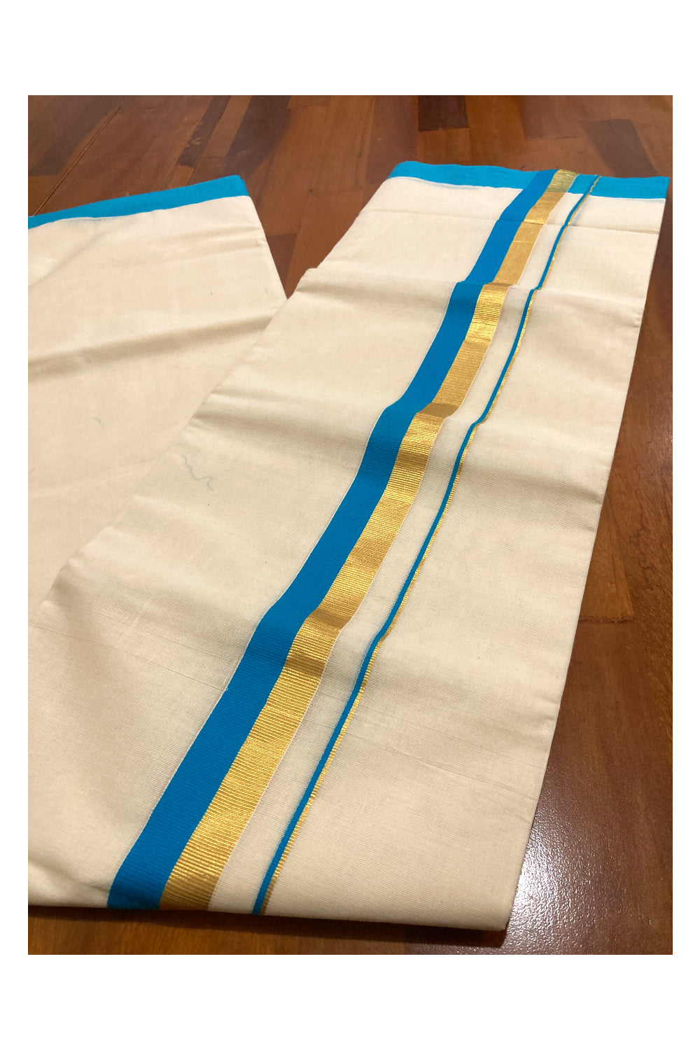 Off White Pure Cotton Double Mundu with Kasavu and Blue Border (South Indian Dhoti)