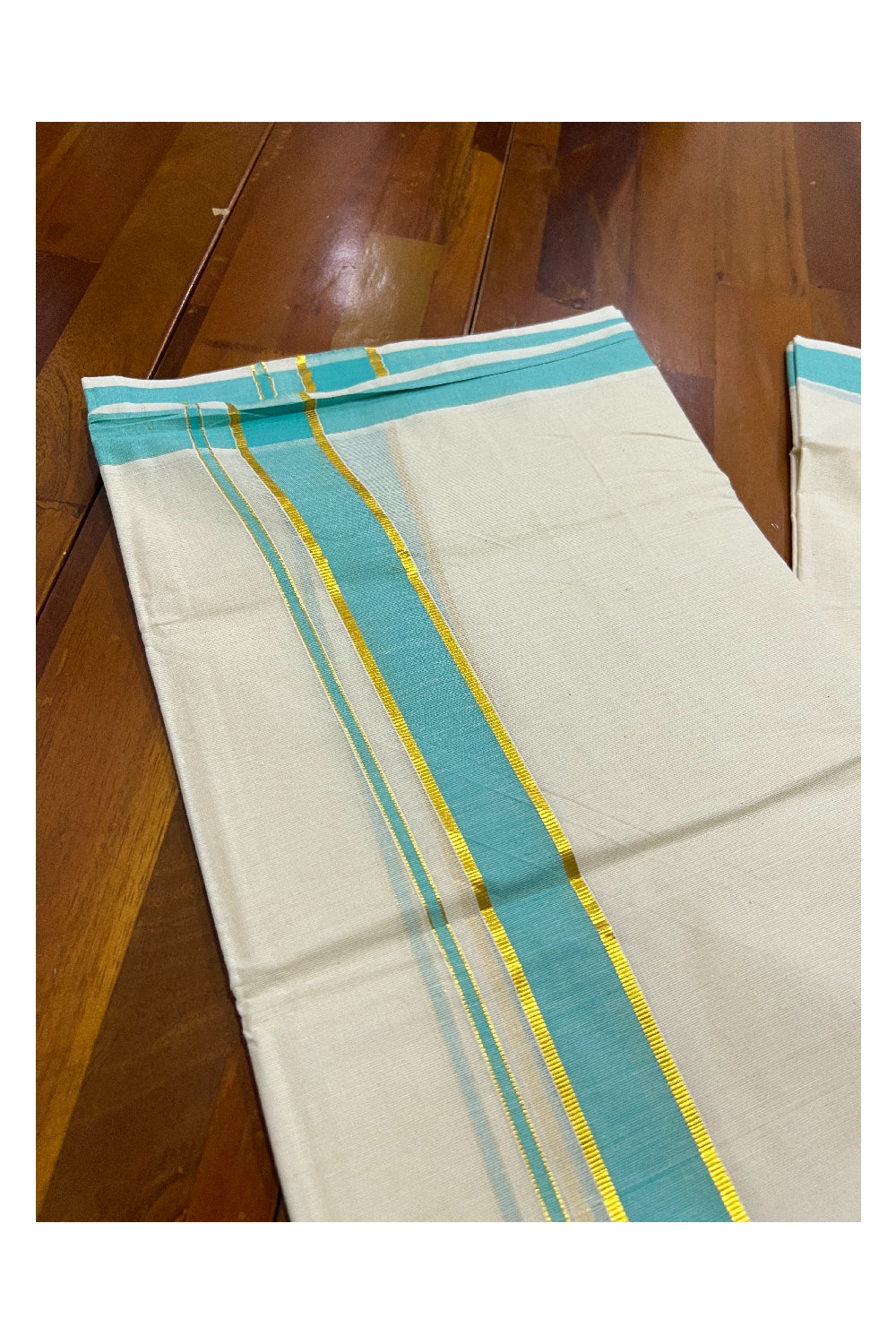 Off White Kerala Double Mundu with Kasavu and Turquoise Border (South Indian Dhoti)