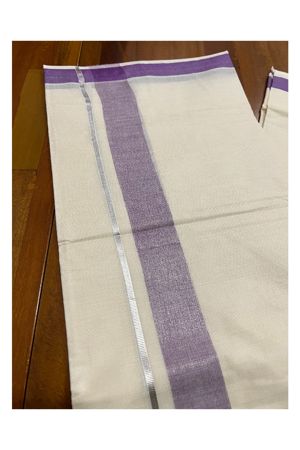 Pure Cotton Off White Double Mundu with Violet and Silver Kasavu Border (South Indian Dhoti)