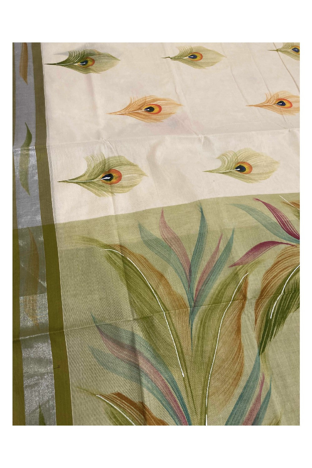 Southloom Light Green Handpainted Mural Kerala Kasavu Saree with Peacock Art