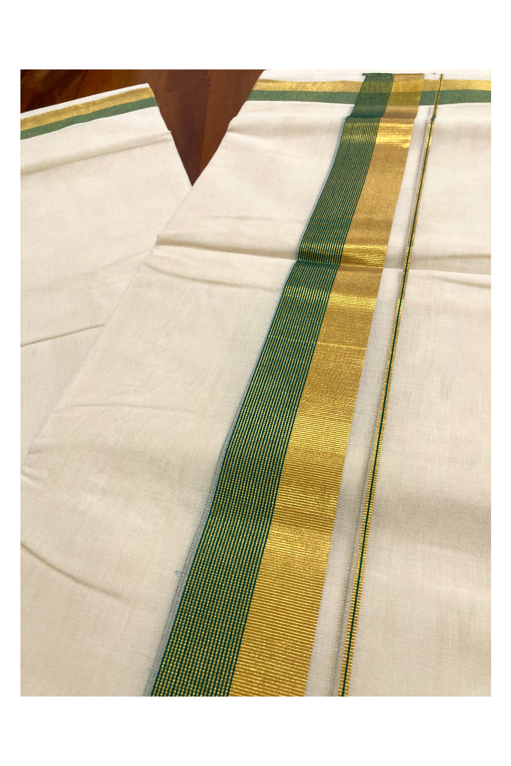 Southloom Premium Handloom Pure Cotton Mundu with Kasavu and Green Line Border (South Indian Dhoti)