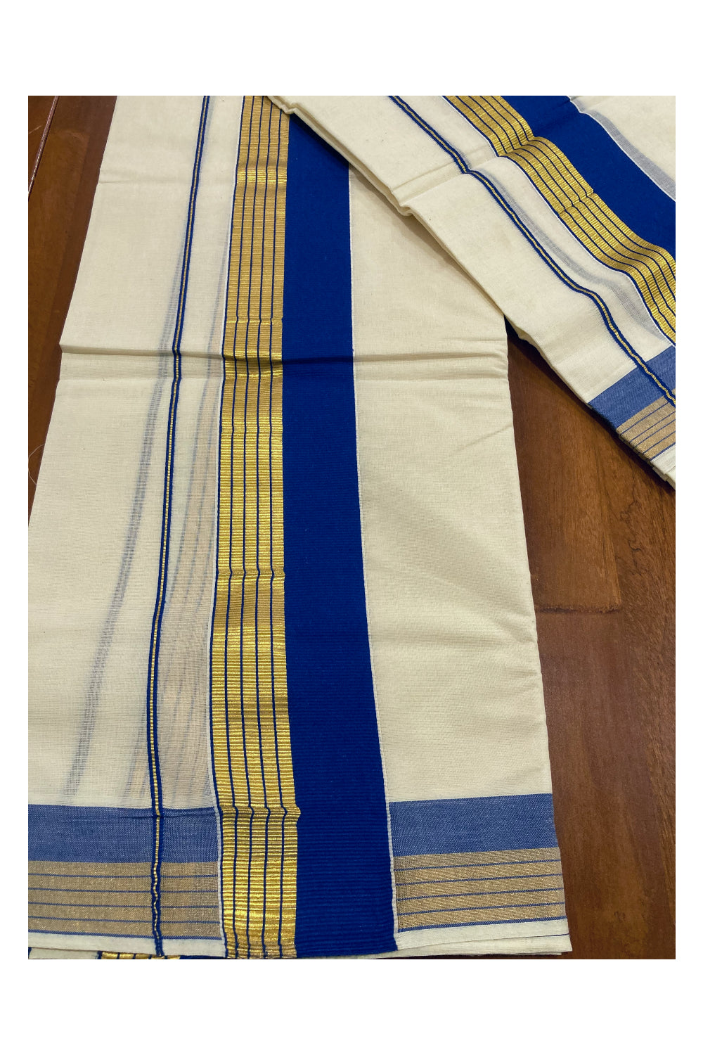 Mundum Neriyathum Double (Set Mundu) with Blue and Kasavu Border