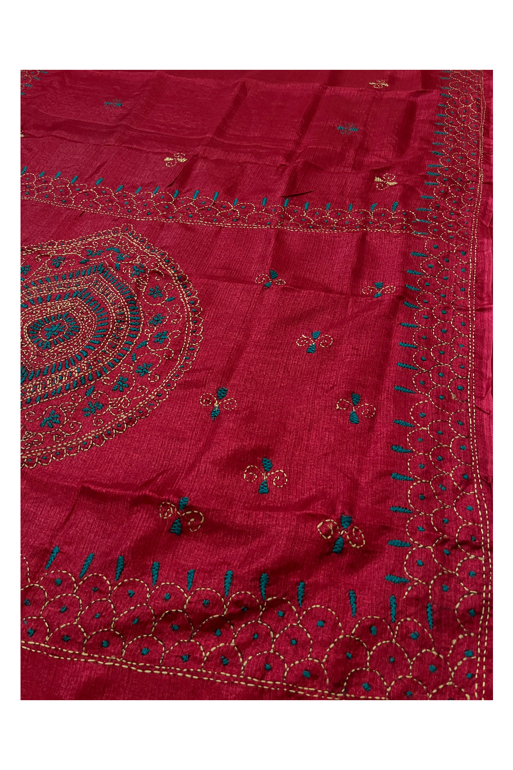 Southloom Semi Tussar Kantha Thread Work Maroon Saree