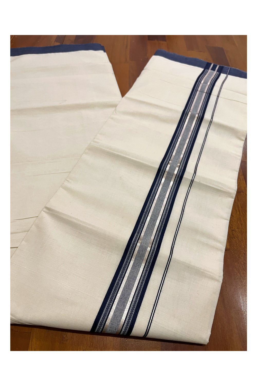 Pure Cotton Off White Double Mundu with Navy Blue and Silver Kara (South Indian Dhoti)