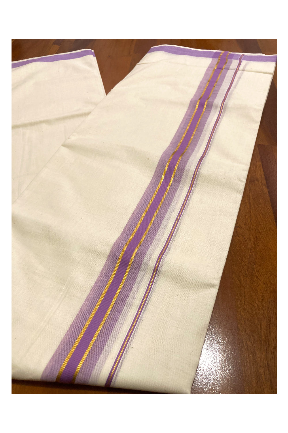 Pure Cotton Double Mundu with Violet and Kasavu Border (South Indian Kerala Dhoti)