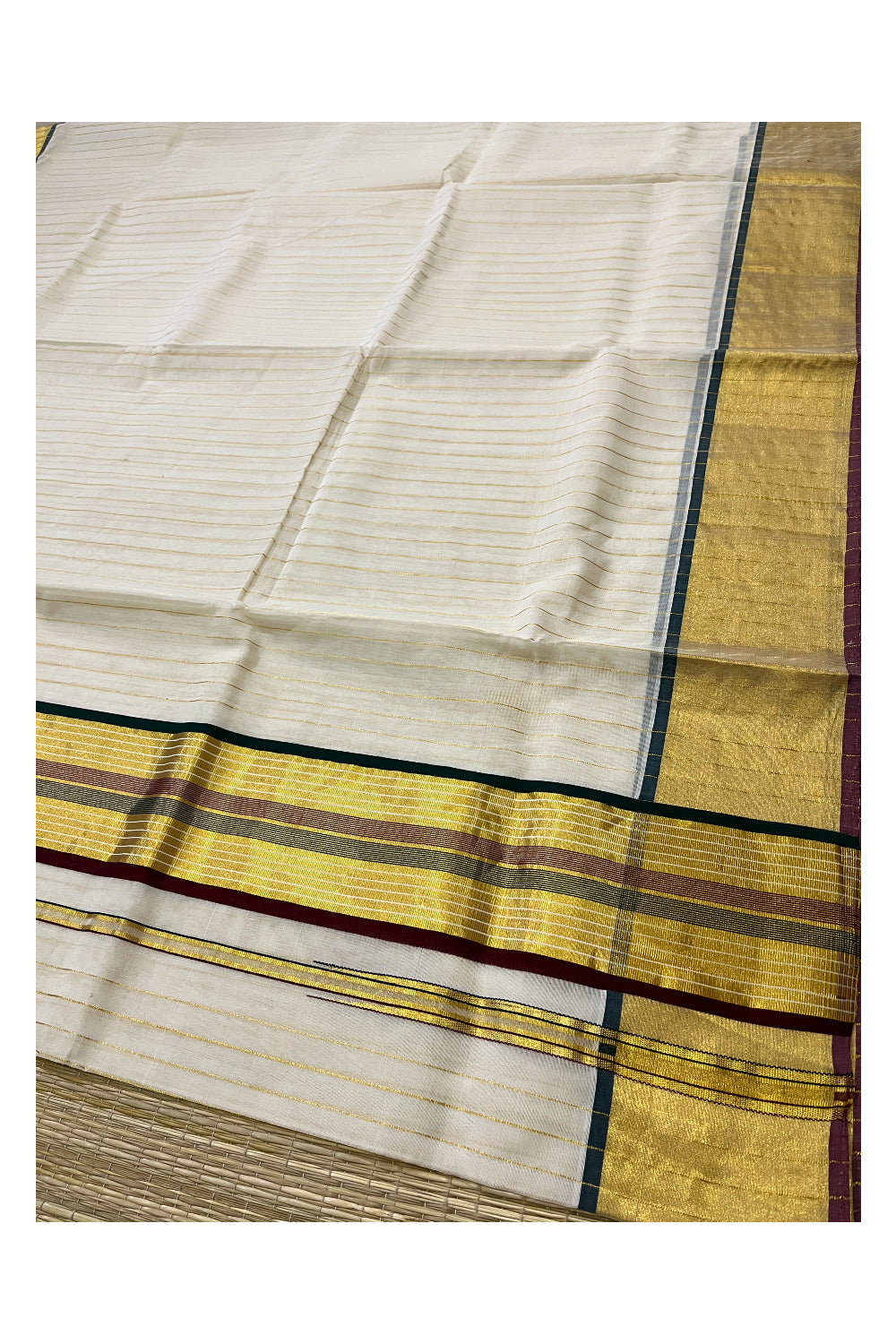 Southloom™ Original Handloom Cotton Saree with Maroon Green Border and Kasavu Lines Across Body