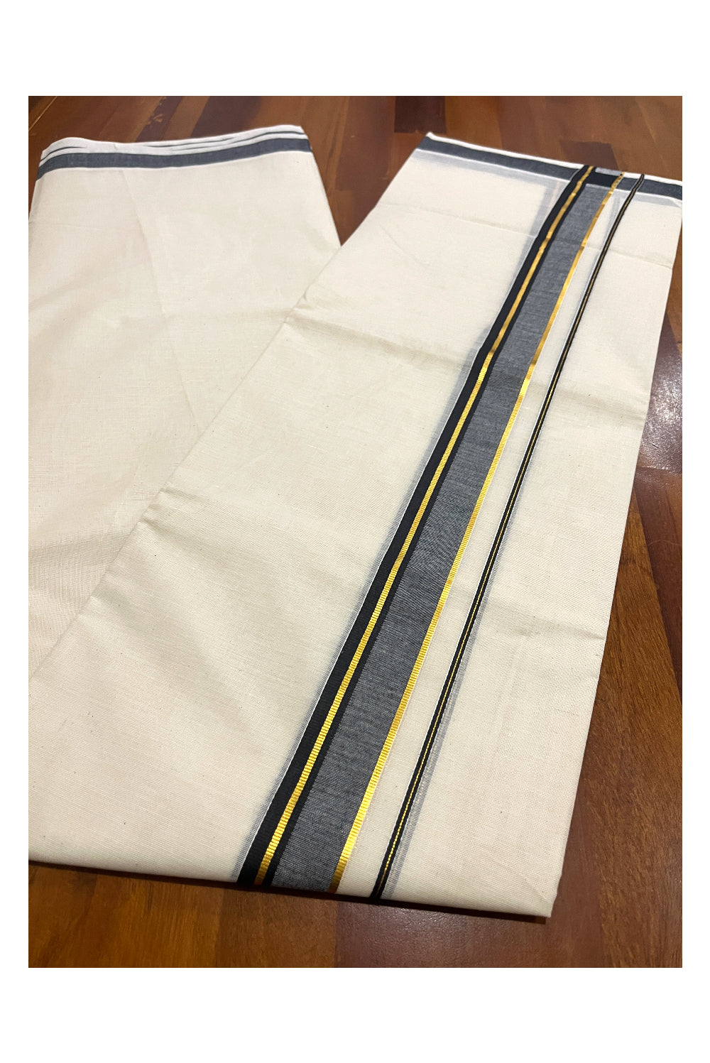 Pure Cotton Off White Double Mundu with Black and Kasavu Kara (South Indian Dhoti)