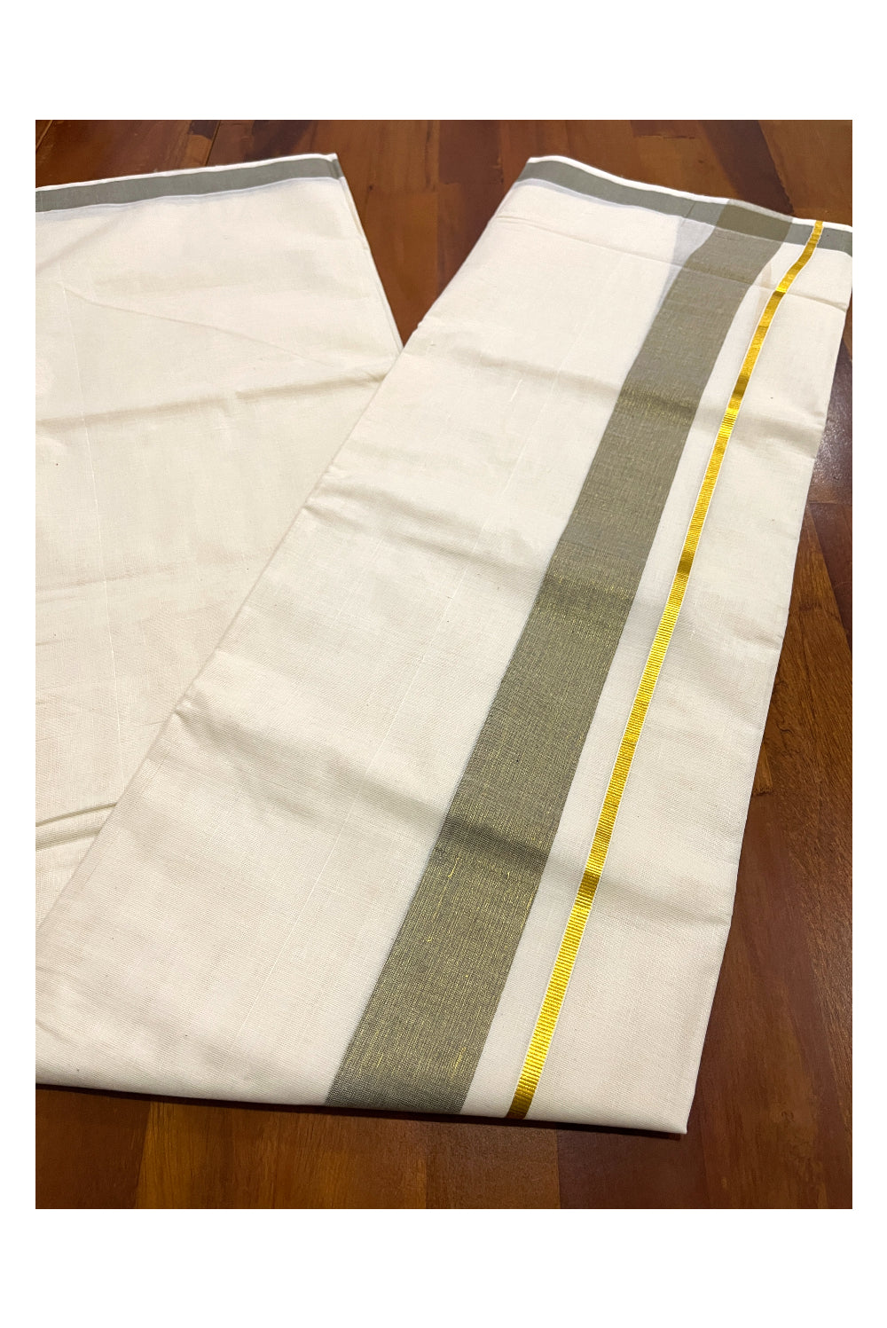 Pure Cotton Double Mundu with Kasavu Green Kara (South Indian Kerala Dhoti)