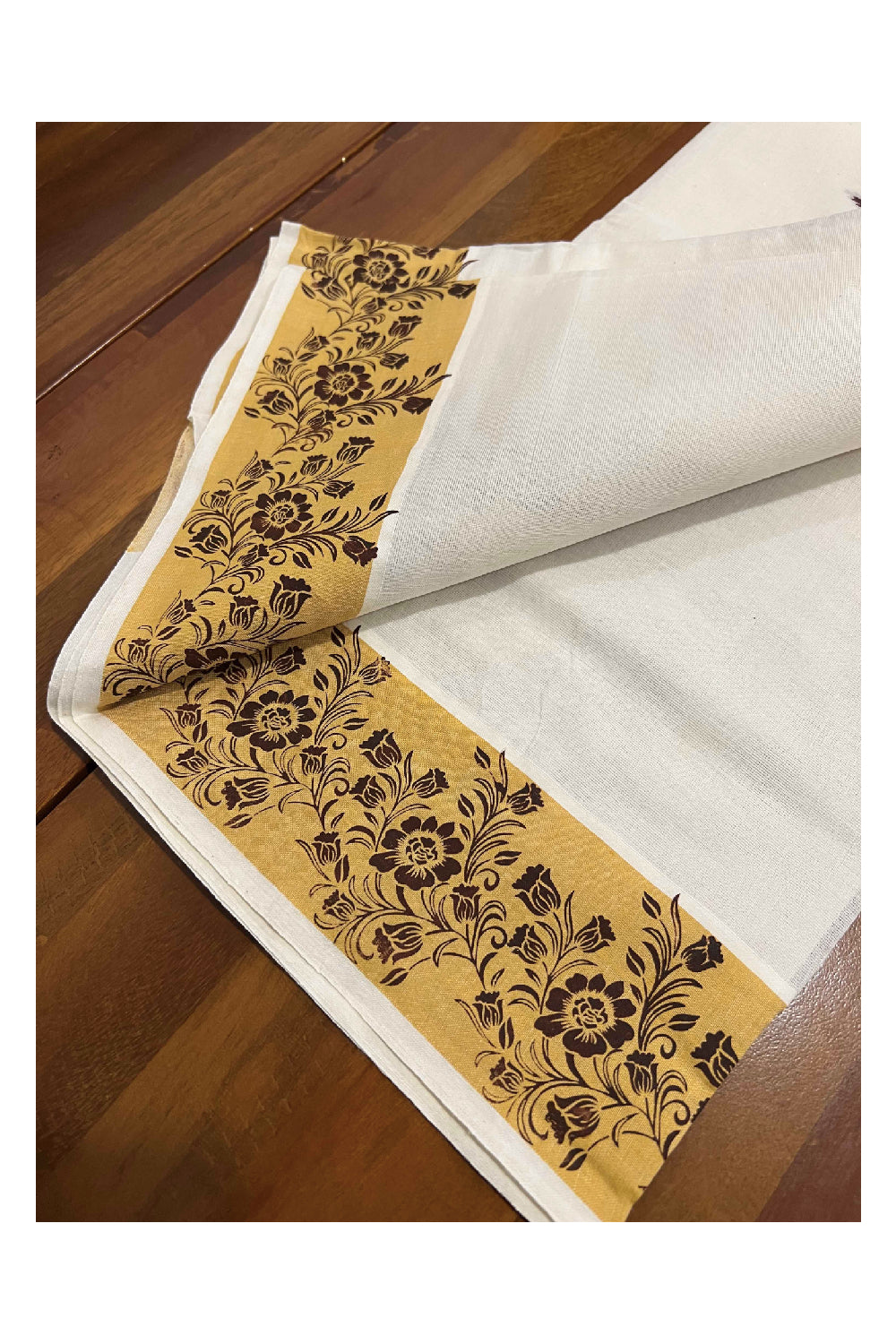 Kerala Cotton Set Mundu (Mundum Neriyathum) with Yellow Brown Floral Block Printed Temple Border